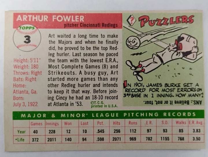 1955 Topps Baseball Art Fowler RC #3 OC W/Stain
