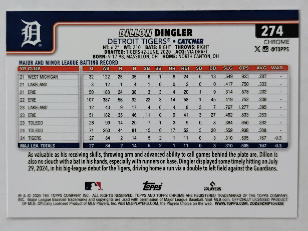 2025 Topps Chrome Baseball Dillon Dingler RC #274