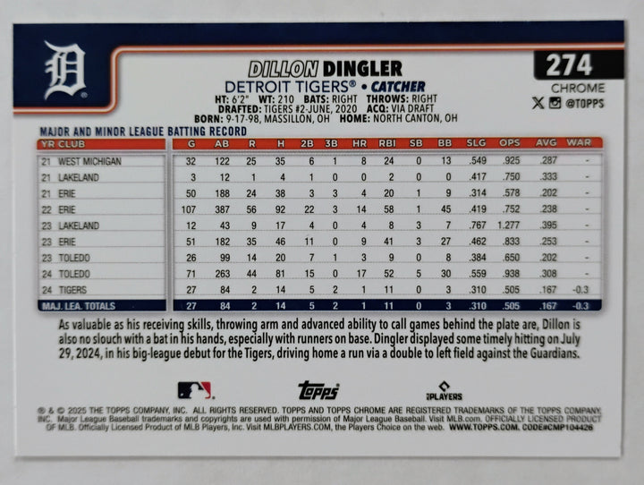 2025 Topps Chrome Baseball Dillon Dingler RC #274