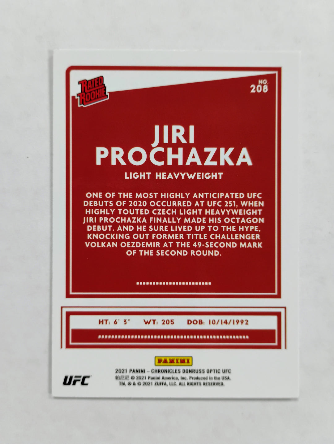 2021 Panini Chronicles Donruss Optic UFC Jiri Prochazka #208 Rookie Rated