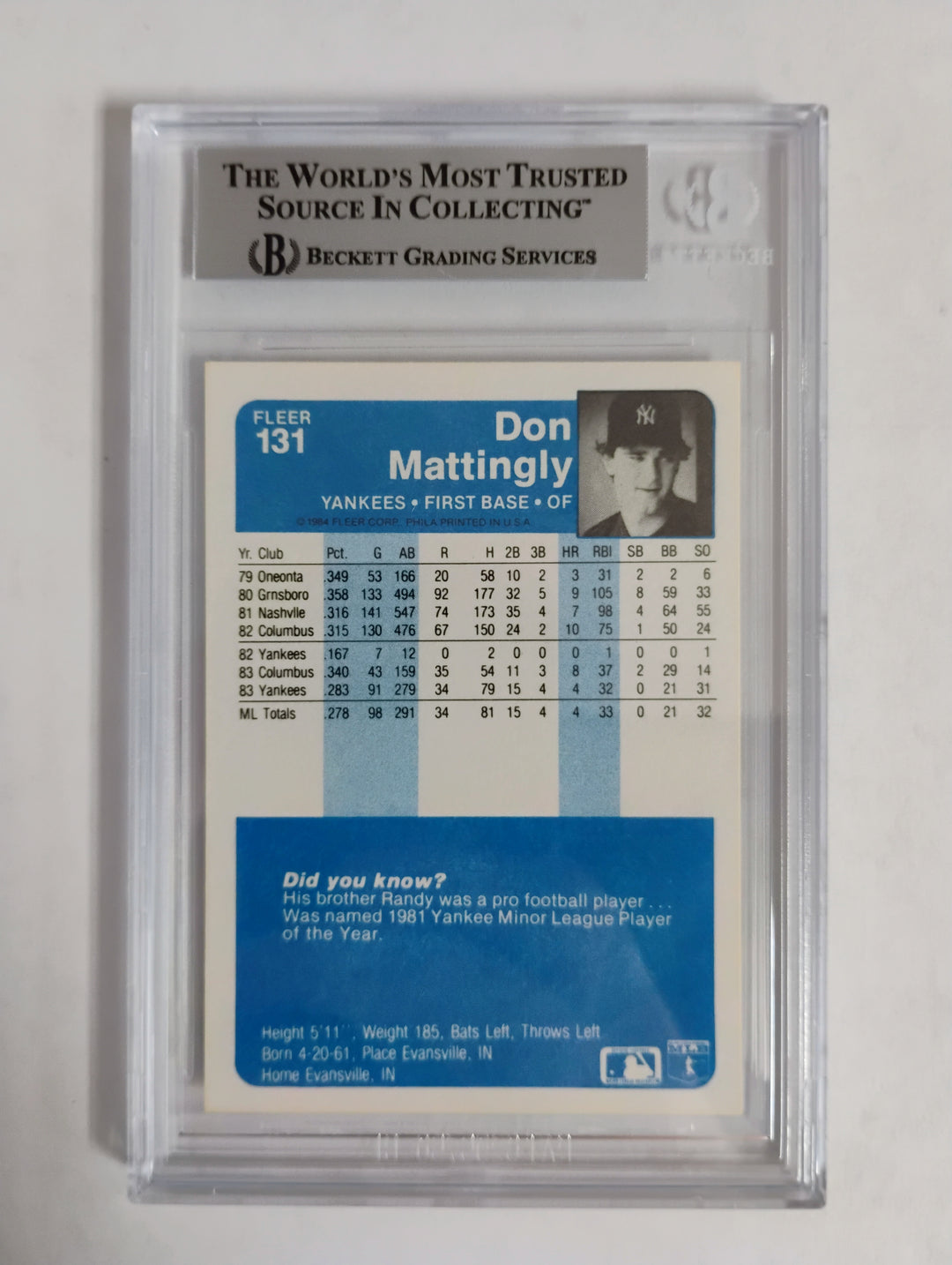 1984 Fleer Baseball Don Mattingly RC BGS 8.5