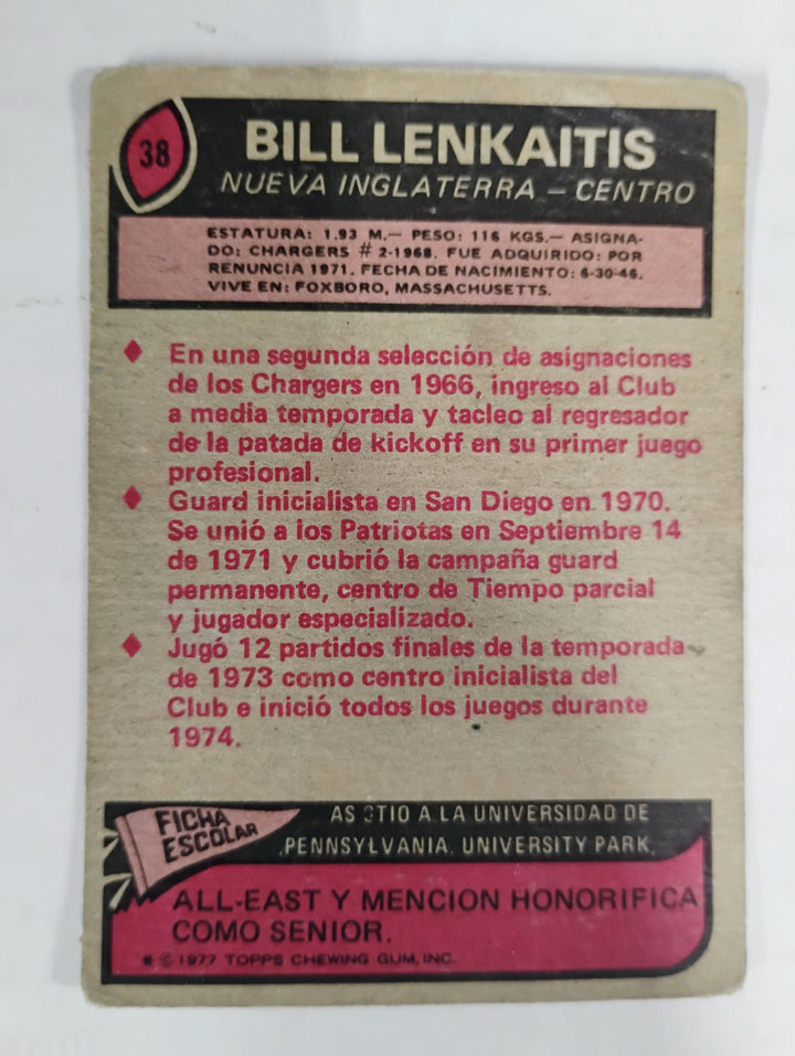 1977 Topps Mexican Football Bill Lenkaitis #38