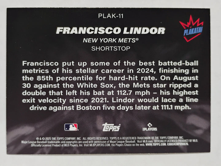 2025 Topps Baseball Francisco Lindor #PLAK-11 Plakata!