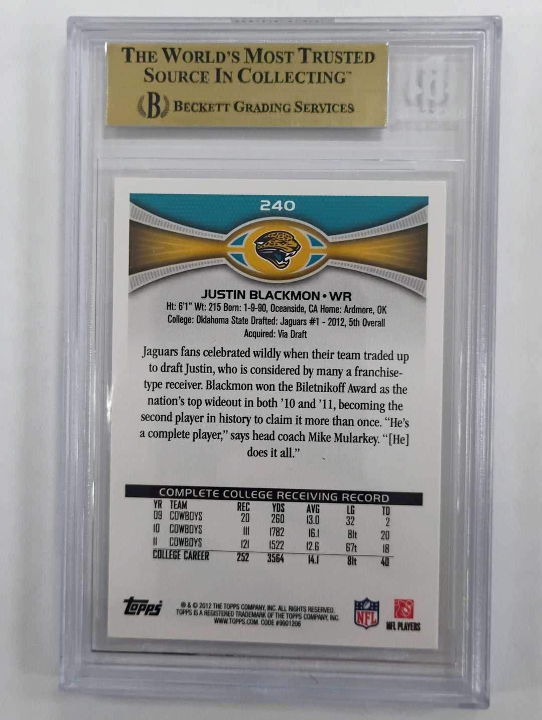2012 Topps Football Justin Blackmon #240C Leaping Pose BGS 9.5