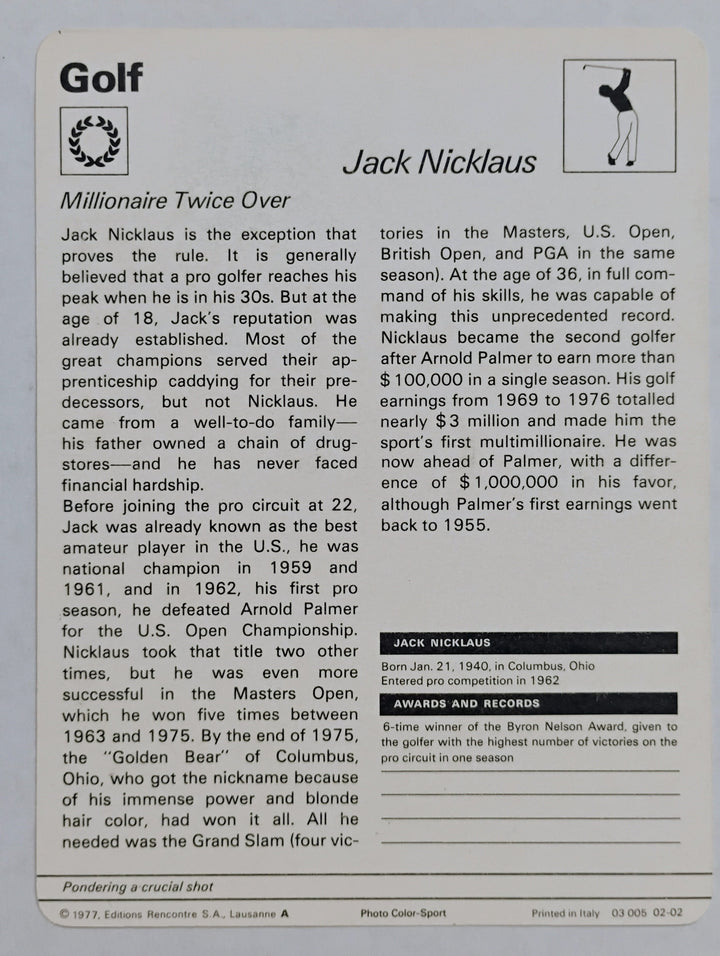 1977 Editions Rencontre Golf Jack Nicklaus #NNO Pondering A Crucial Shot