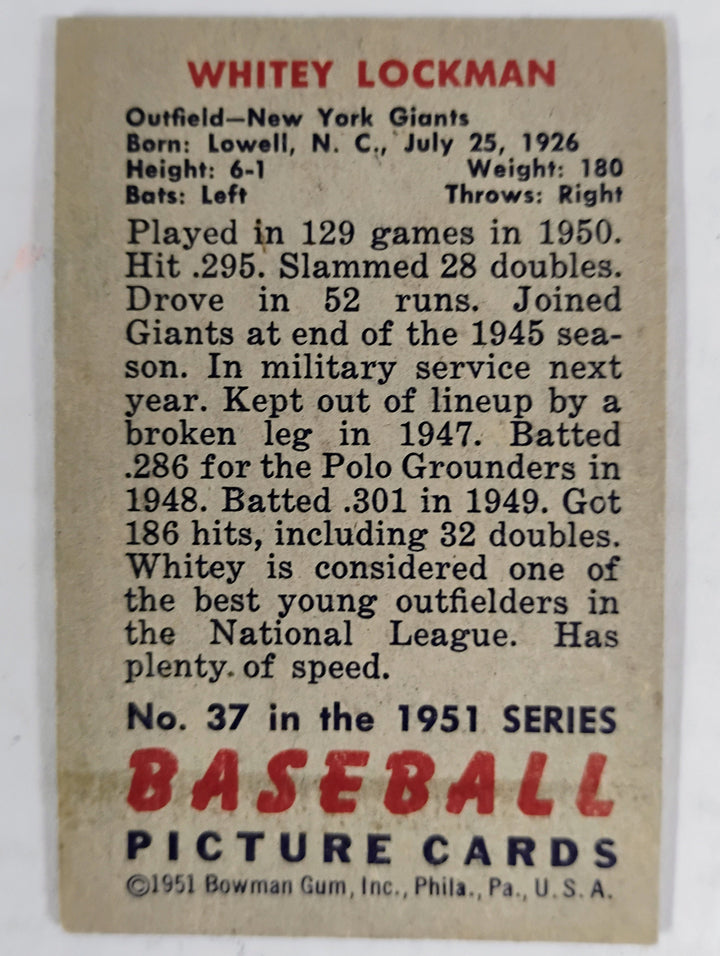 1951 Bowman Baseball Whitey Lockman #37 Mint Partial Set Break