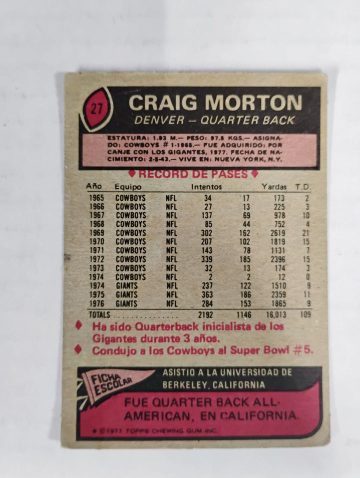 1977 Topps Mexican Football Craig Morton #27