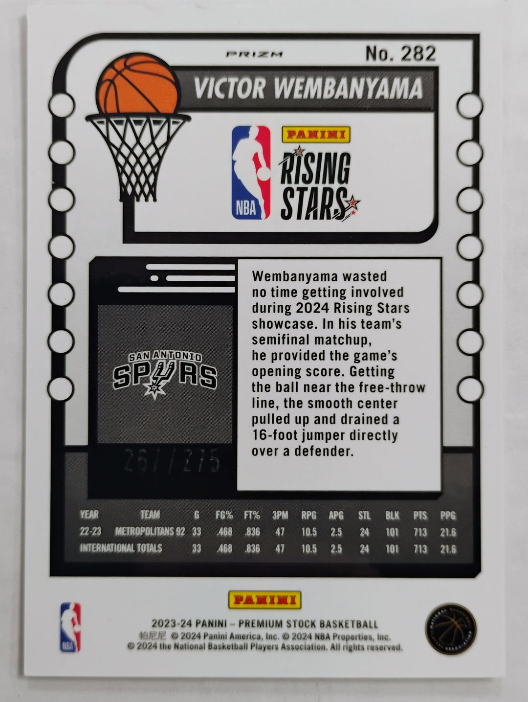2023-24 Panini Premium Stock Basketball Victor Wembanyama #282 Red Prizm RC 267/275