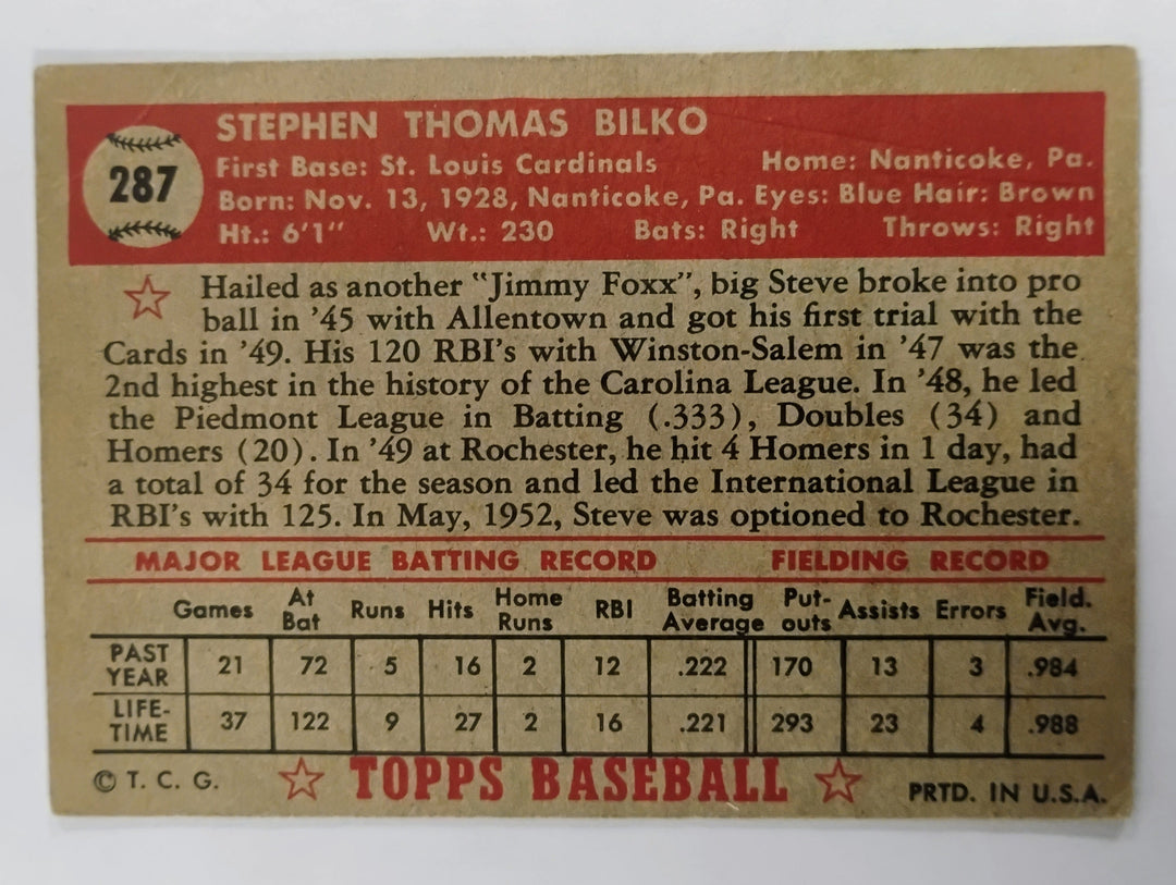 1952 Topps Baseball Steve Bilko #287 Red Back