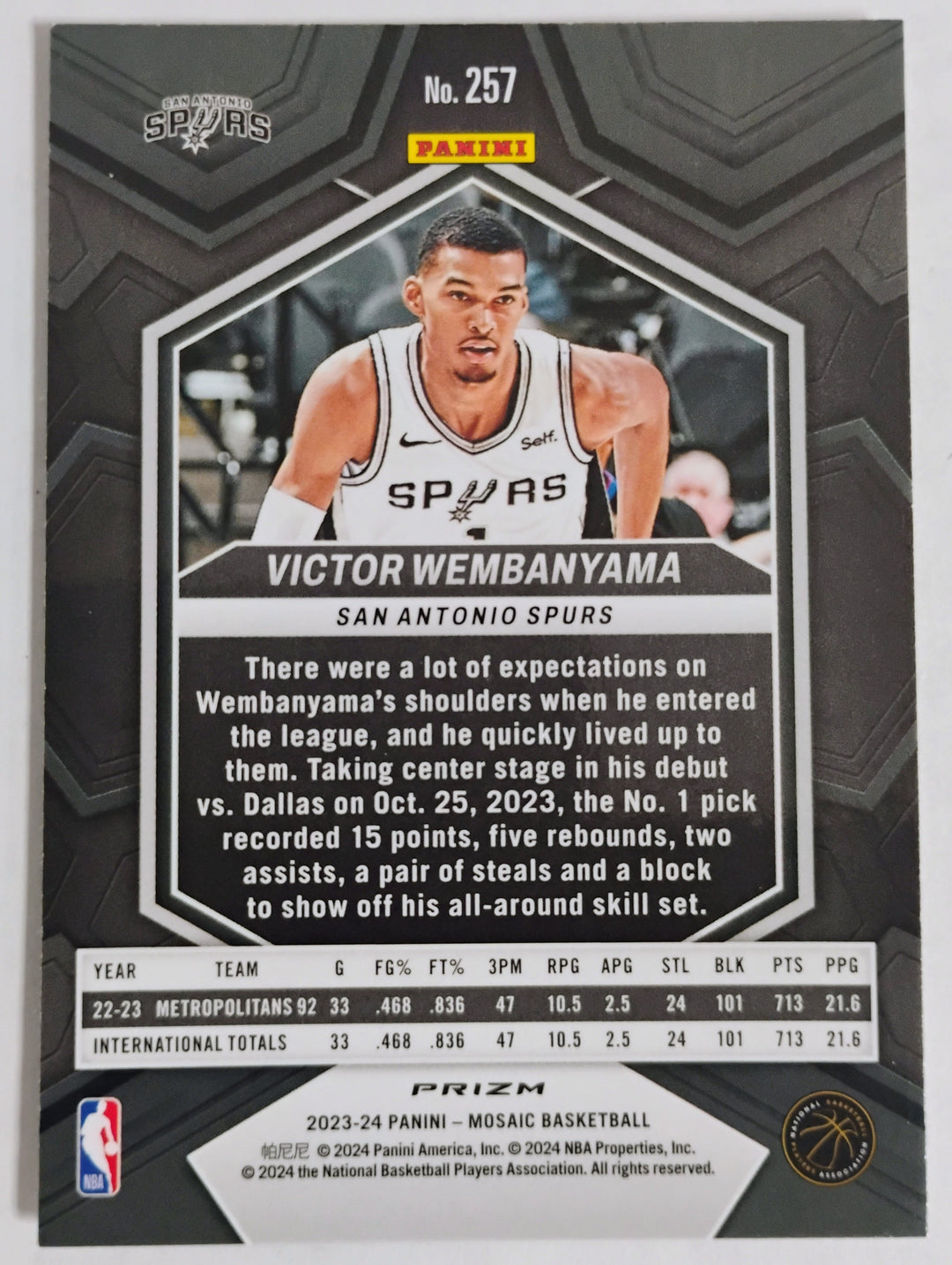 2023-24 Moasic Basketball Victor Wembanyama RC #257 Prizm