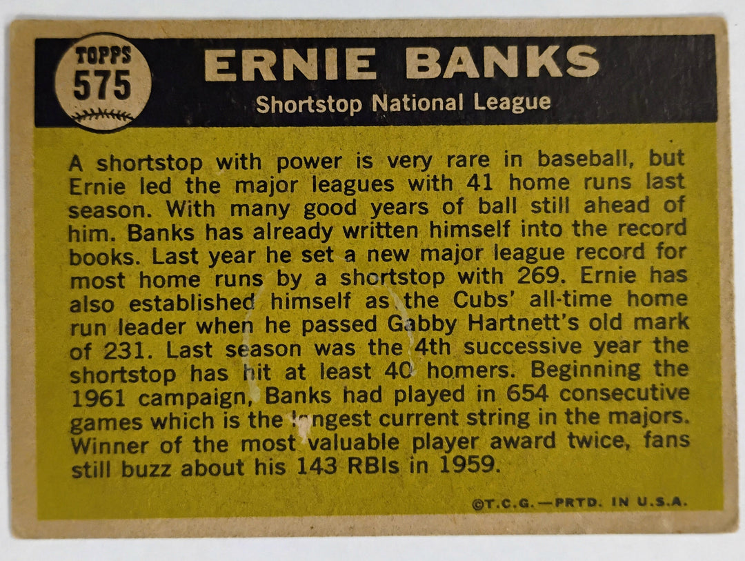 1961 Topps Baseball Ernie Banks #575 Sporting News All Star