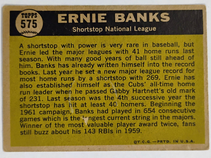 1961 Topps Baseball Ernie Banks #575 Sporting News All Star