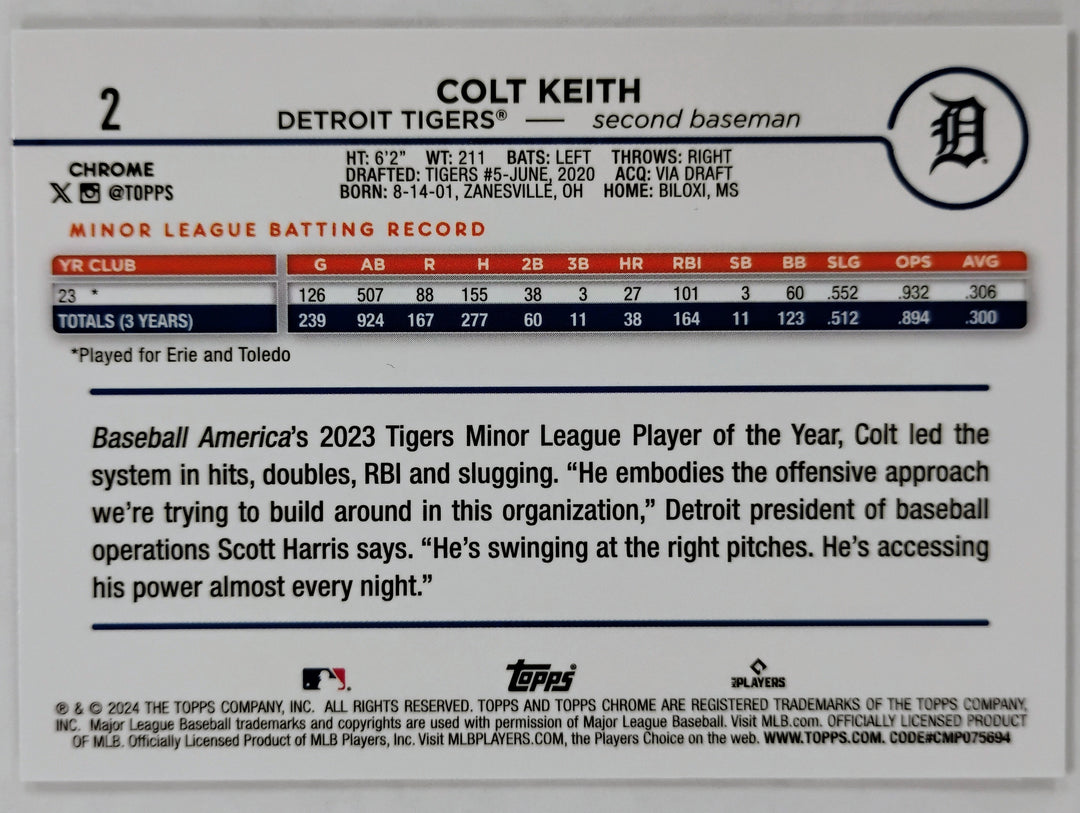 2024 Topps Chrome Logofractor Baseball Colt Keith RC #2 Blue 034/150