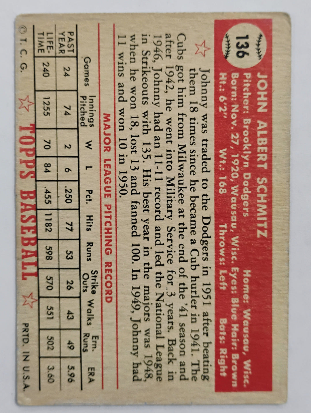 1952 Topps Baseball Johnny Schmitz # 136 Red Back
