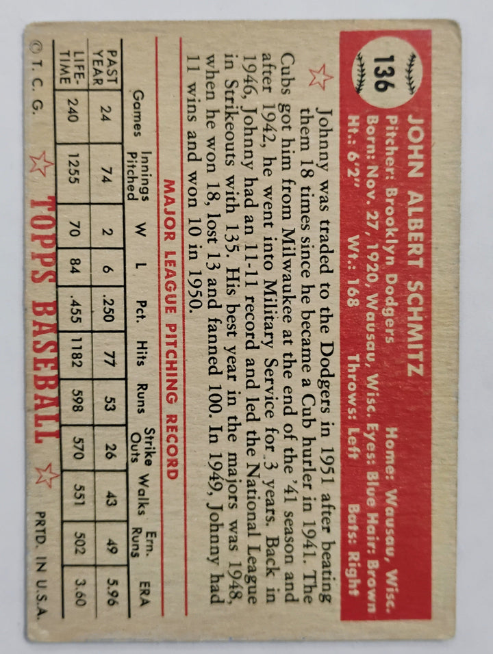 1952 Topps Baseball Johnny Schmitz # 136 Red Back