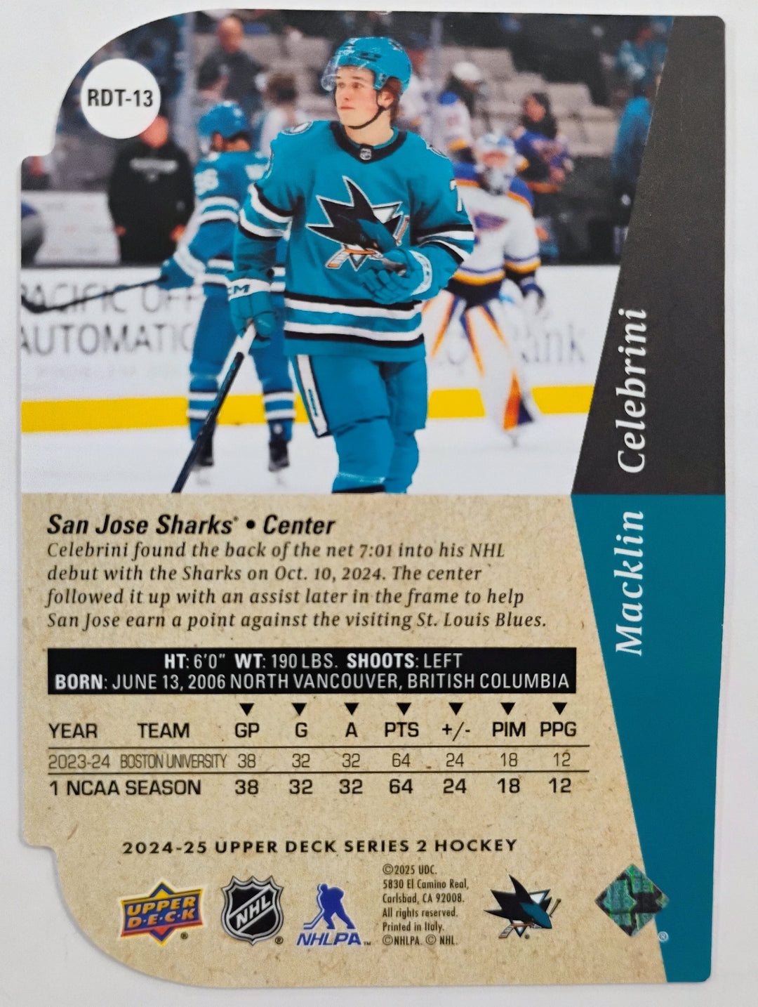 2024-25 Upper Deck Hockey Macklin Celebrini #RDT-13 Red Rookie Die Cut