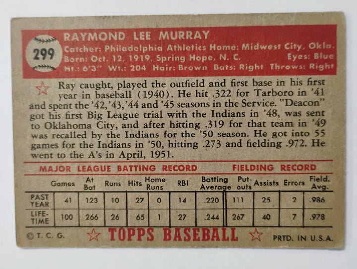 1952 Topps Baseball Ray Murray #299 Red Back