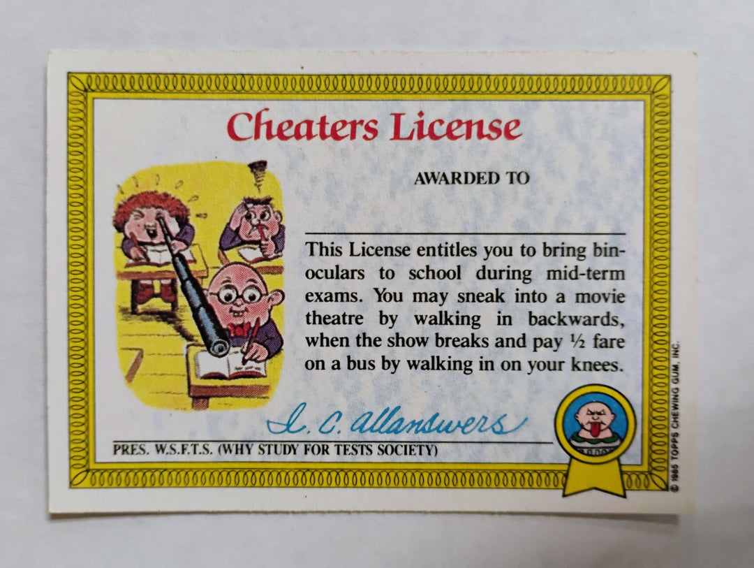 1985 Topps Garbage Pail Kids UK MINI Blasted Billy 8b Cheaters License back Unmarked