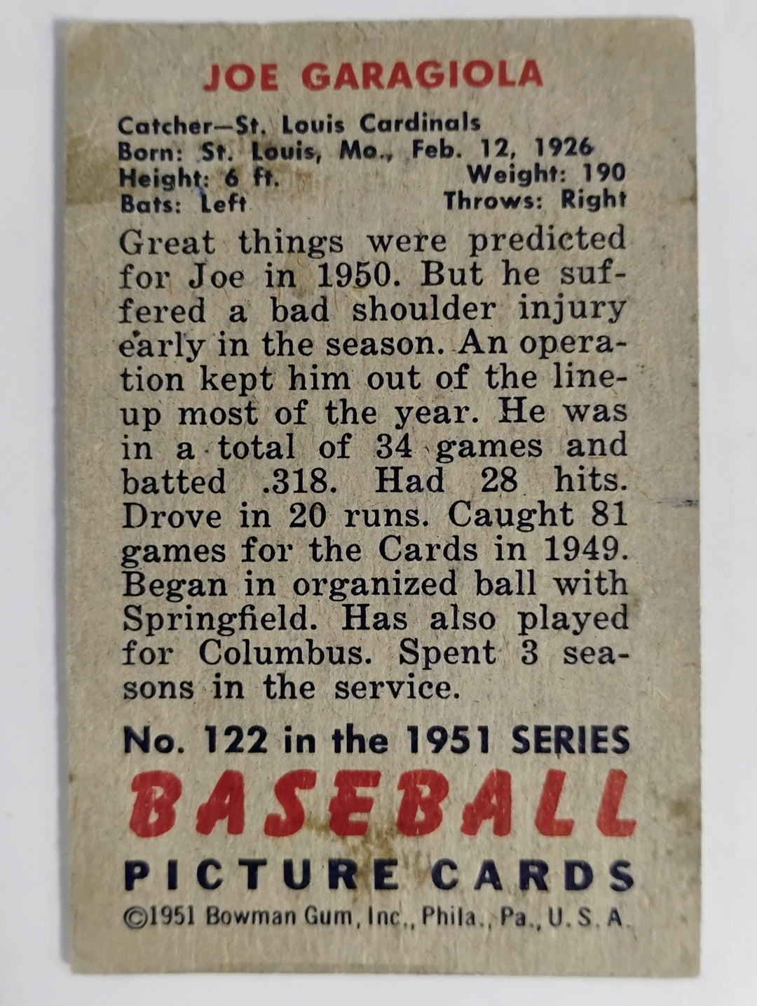1951 Bowman Baseball Joe Garagolia #122