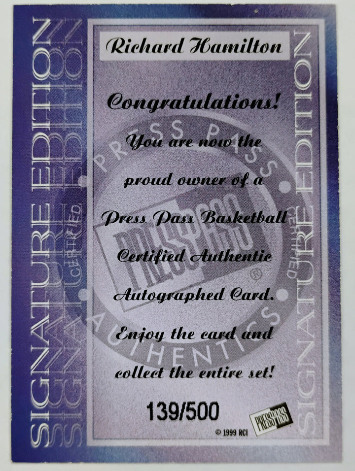 1999 Press Pass Basketball Richard Hamilton NNO Autograph 139/500