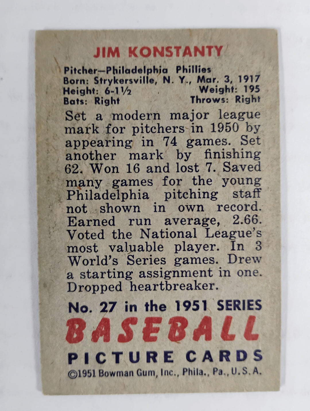 1951 Bowman Baseball Jim Konstanty #27 VG Partial Set Break