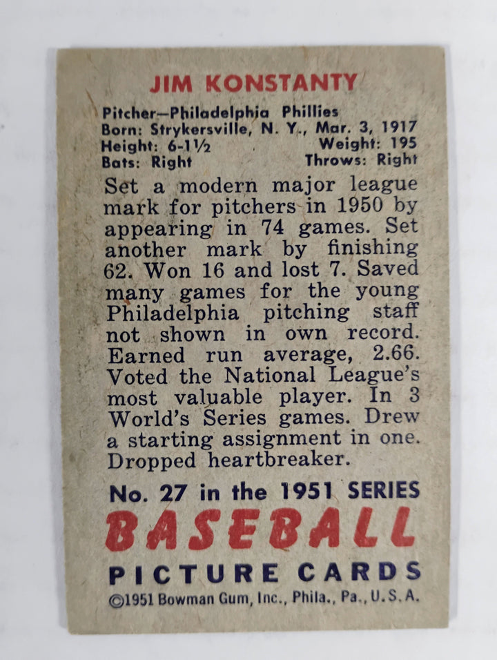 1951 Bowman Baseball Jim Konstanty #27 VG Partial Set Break