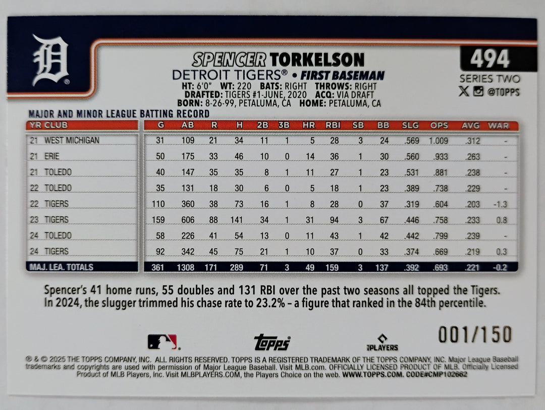 2025 Topps Baseball Spencer Torkelson #494 Blue Holo 001/150