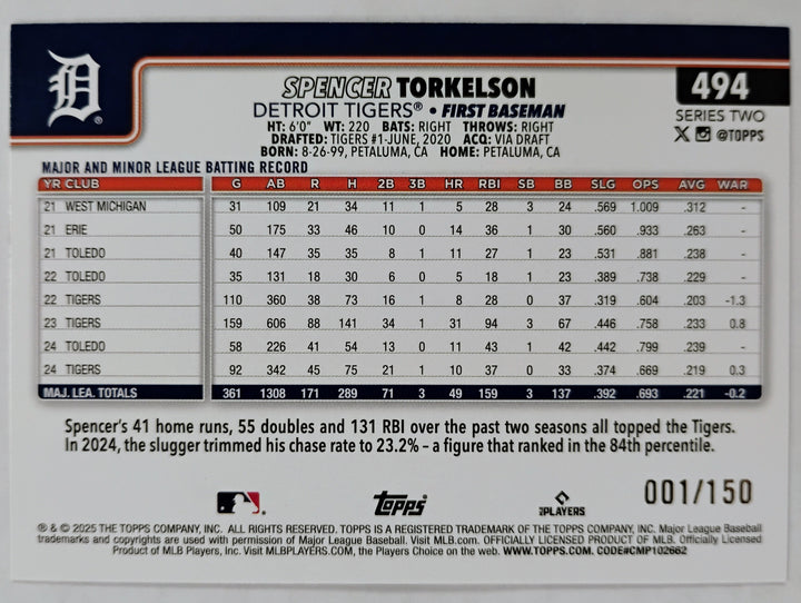 2025 Topps Baseball Spencer Torkelson #494 Blue Holo 001/150