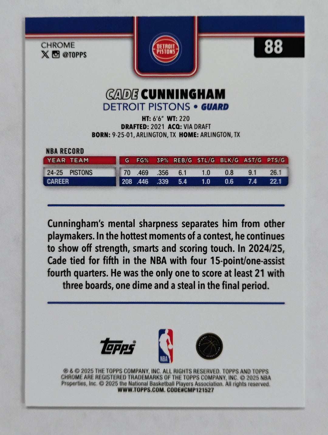 2025 Topps Chrome Basketball Cade Cunningham #88 X-Fractor