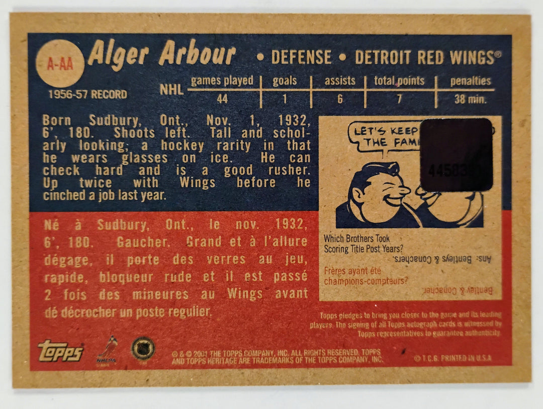 2001-02 Topps Heritage Hockey Al Arbour #A-AA Autograph