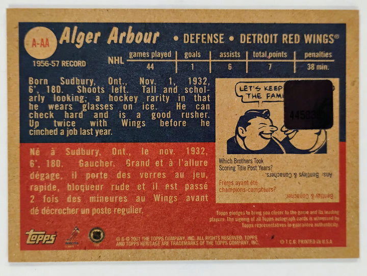 2001-02 Topps Heritage Hockey Al Arbour #A-AA Autograph