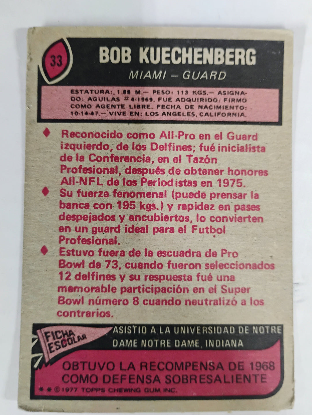 1977 Topps Mexican Football Bob Kuechenberg #33
