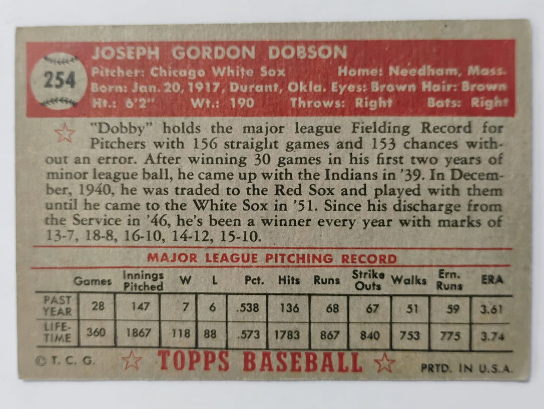 1952 Topps Baseball Joe Dobson #254 Red Back