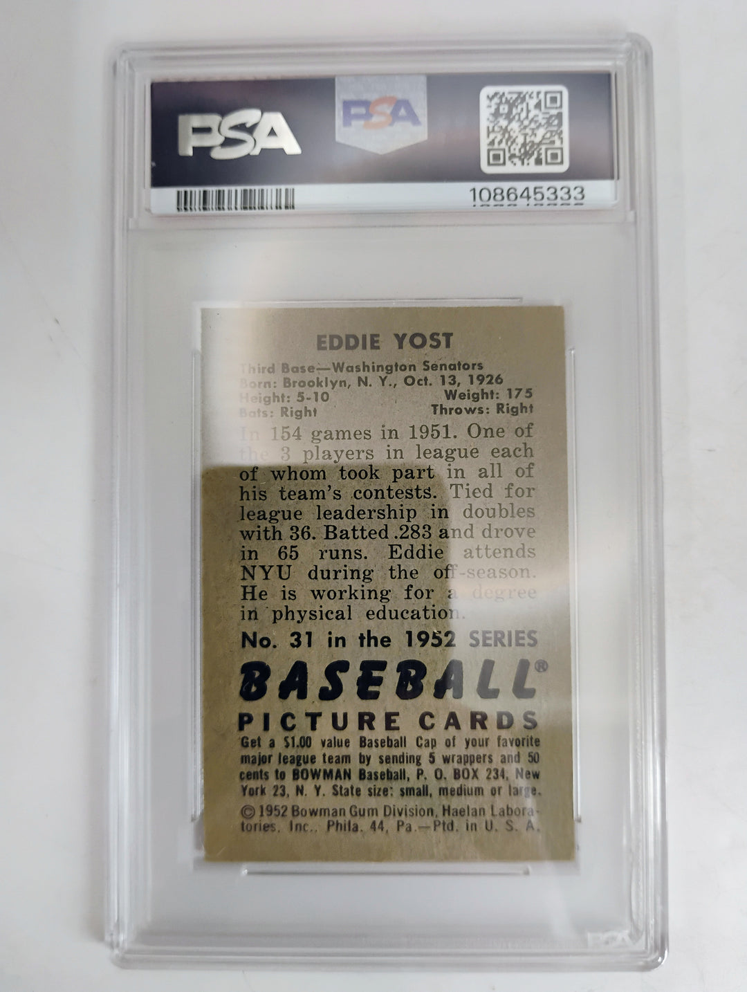1952 Bowman Eddie Yost #31 PSA 4 VG-EX