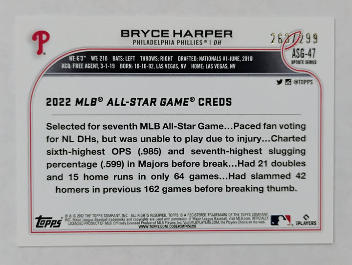 2022 Topps Update Baseball Bryce Harper #ASG-47 Black /299