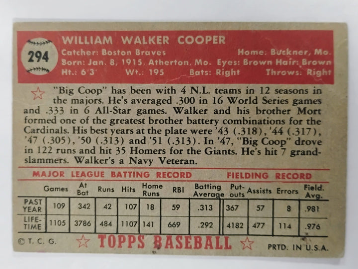 1952 Topps Baseball Walker Cooper #294 Red Back