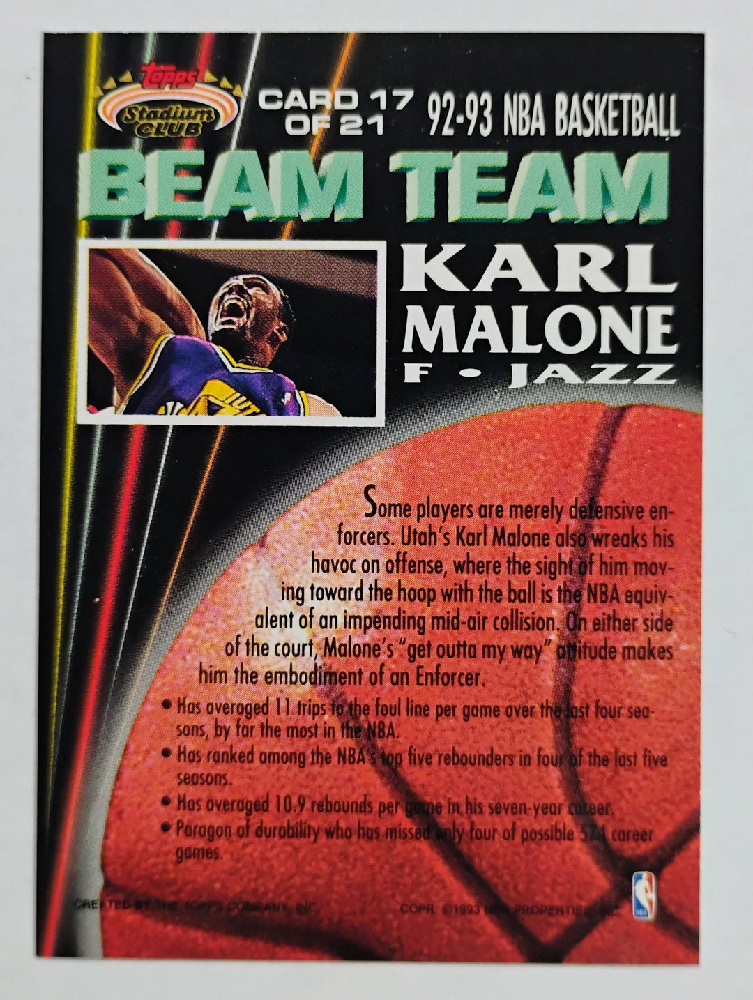 1992-93 Stadium Club Basketball Karl Malone #17 Beam Team