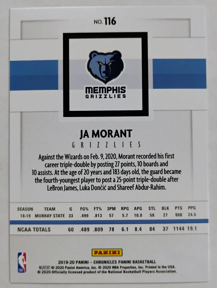2019-20 Panini Chronicles Basketball Ja Morant RC #116 Pink Young Dolph/Key Glock