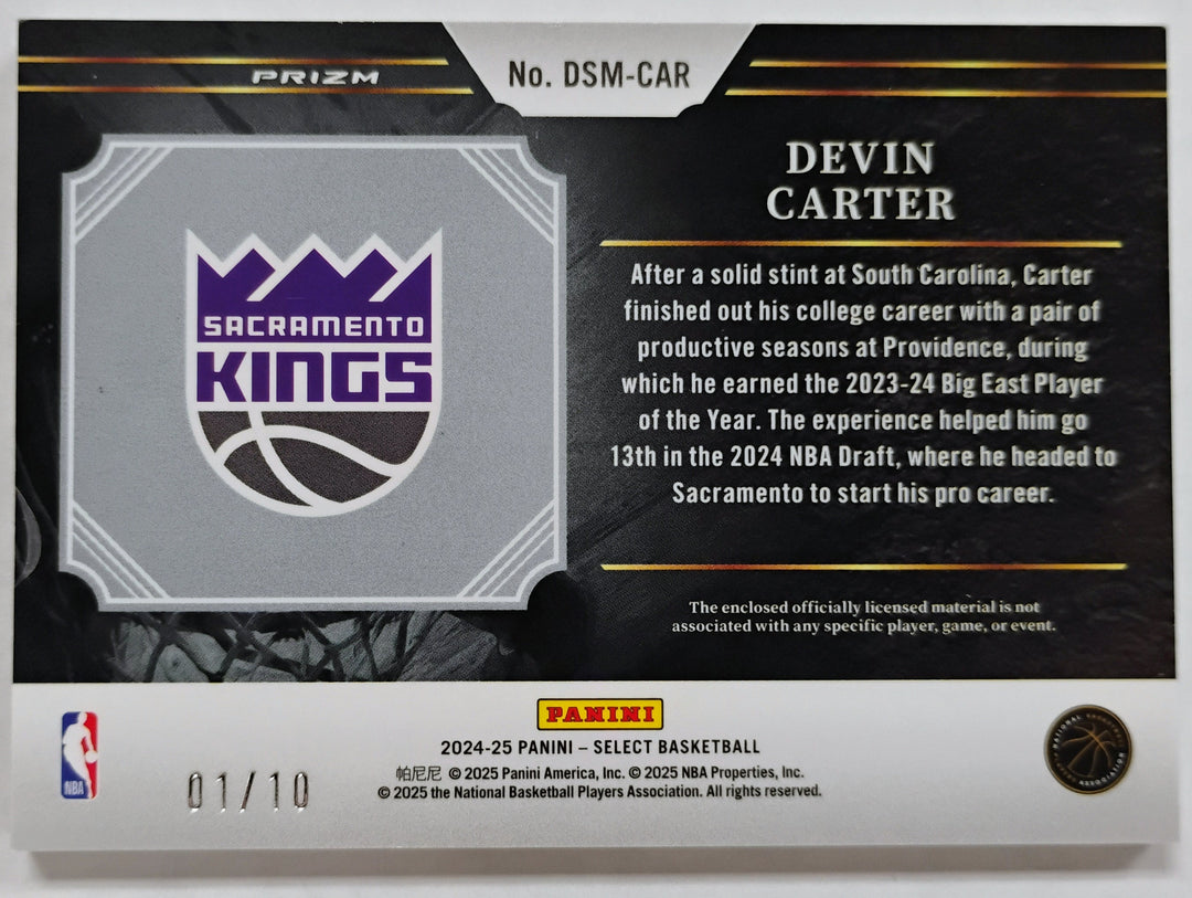 2024-25 Panini Select Basketball Devin Carter #DSM-CAR Draft Selections Prizm 01/10