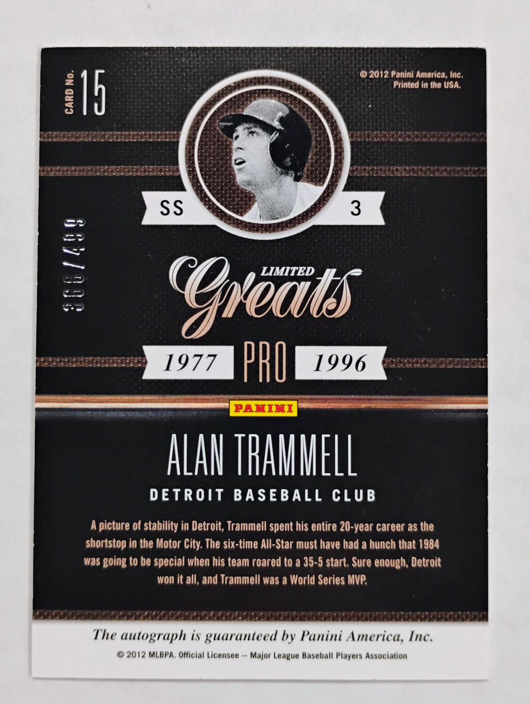 2012 Panini Leaf Limited Alan Trammell #15 Limited Greats /499