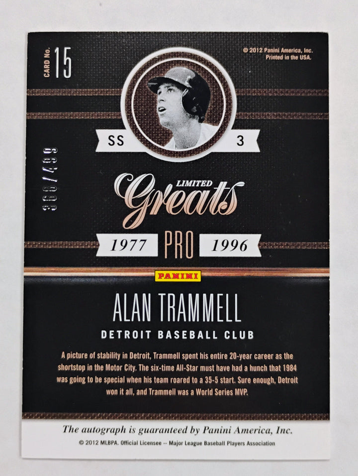 2012 Panini Leaf Limited Alan Trammell #15 Limited Greats /499