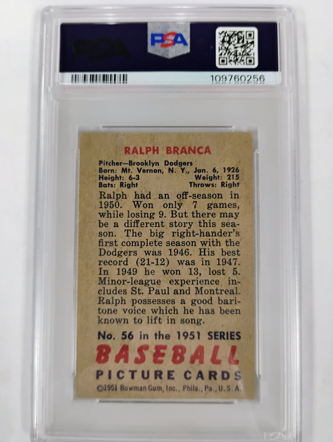 Bowman Ralph Branca #56 VG-EX+ 4.5