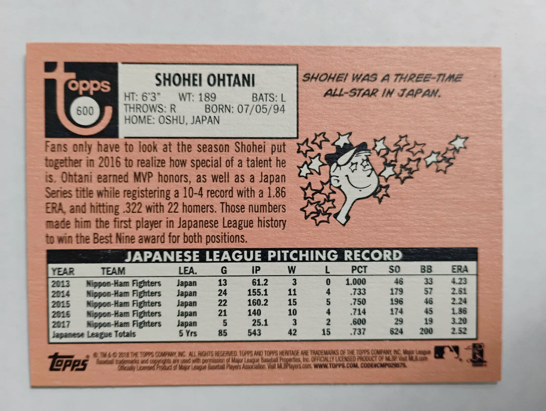 2018 Heritage Baseball Shohei Ohtani RC #600