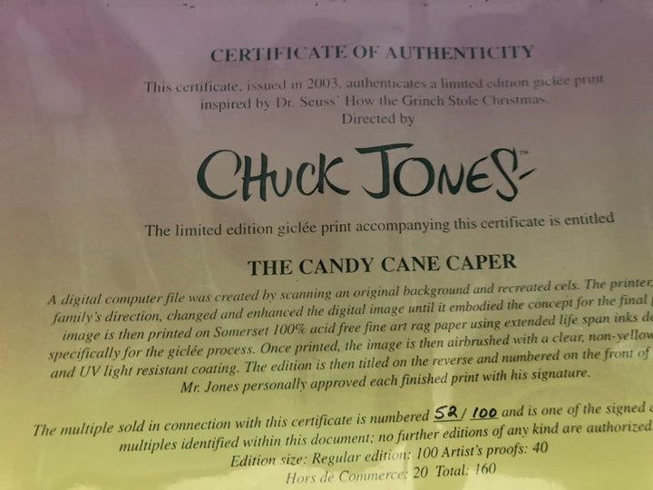Grinch Stole Christmas Dr. Suess Candy Cane Caper Limited 52 of 100 & Certificate