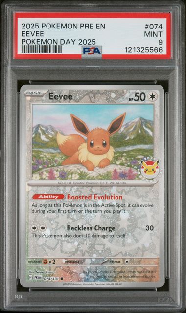 Pokemon 2025 Pre En Prismatic Evolutions #074 Eevee Pokemon Day 2025 PSA 9