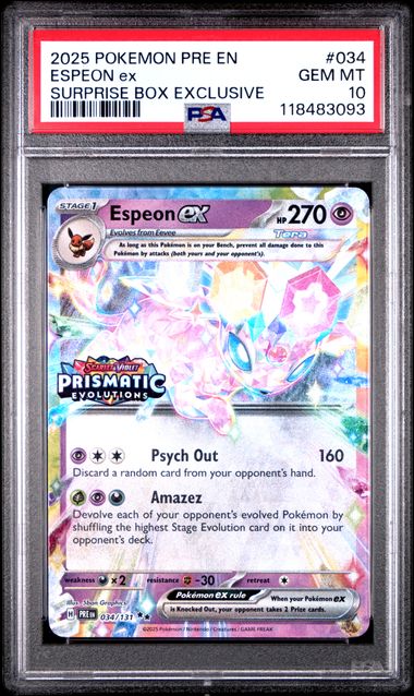 Pokemon 2025 Pre En Prismatic Evolutions #034 Espeon Ex Surprise Box Exclusive PSA 10