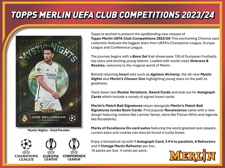 2023-2024 Topps Merlin UCC Soccer Hobby Box (18 Ct) - Presale Ships by 9/20/24