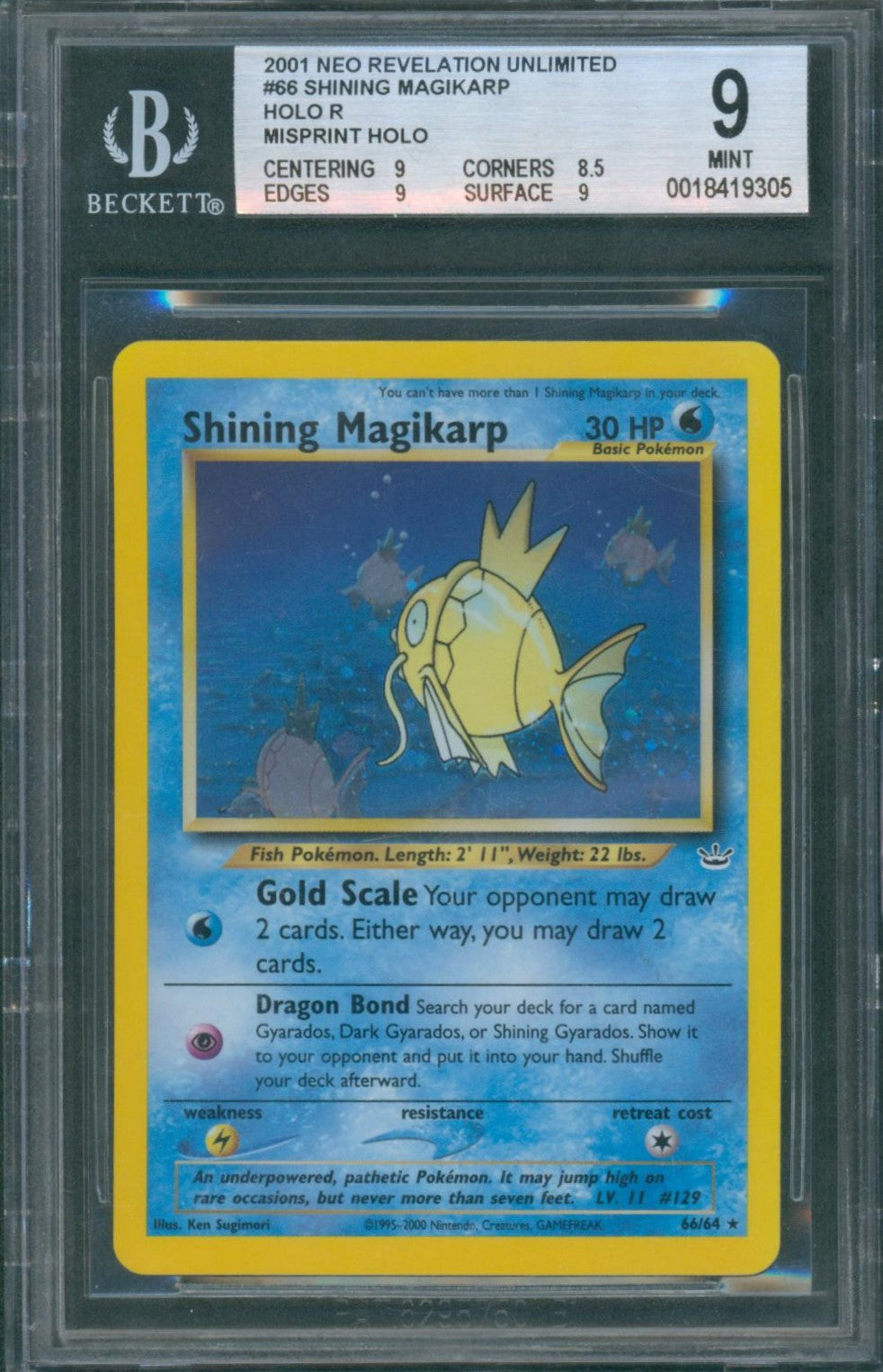 Pokemon 2001 Shining Magikarp Holo 66/64 Double Error Neo Revelation BGS 9
