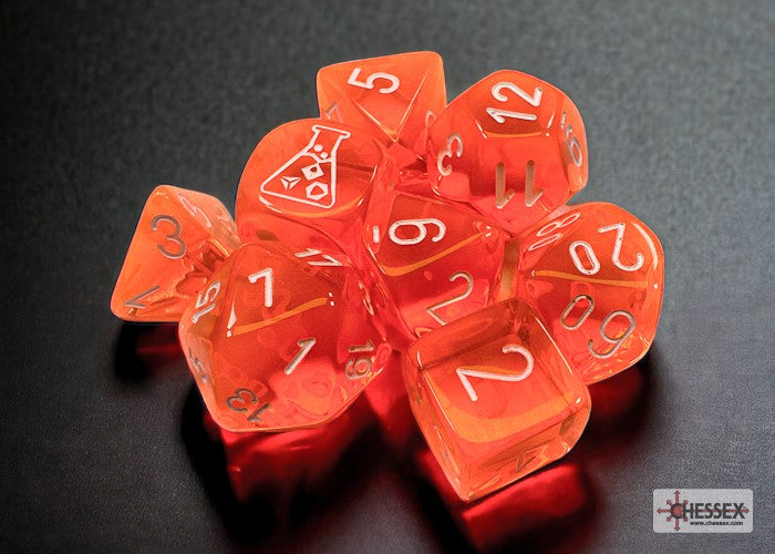 7-Die Set Translucent: Neon Orange/White w/ Bonus Die
