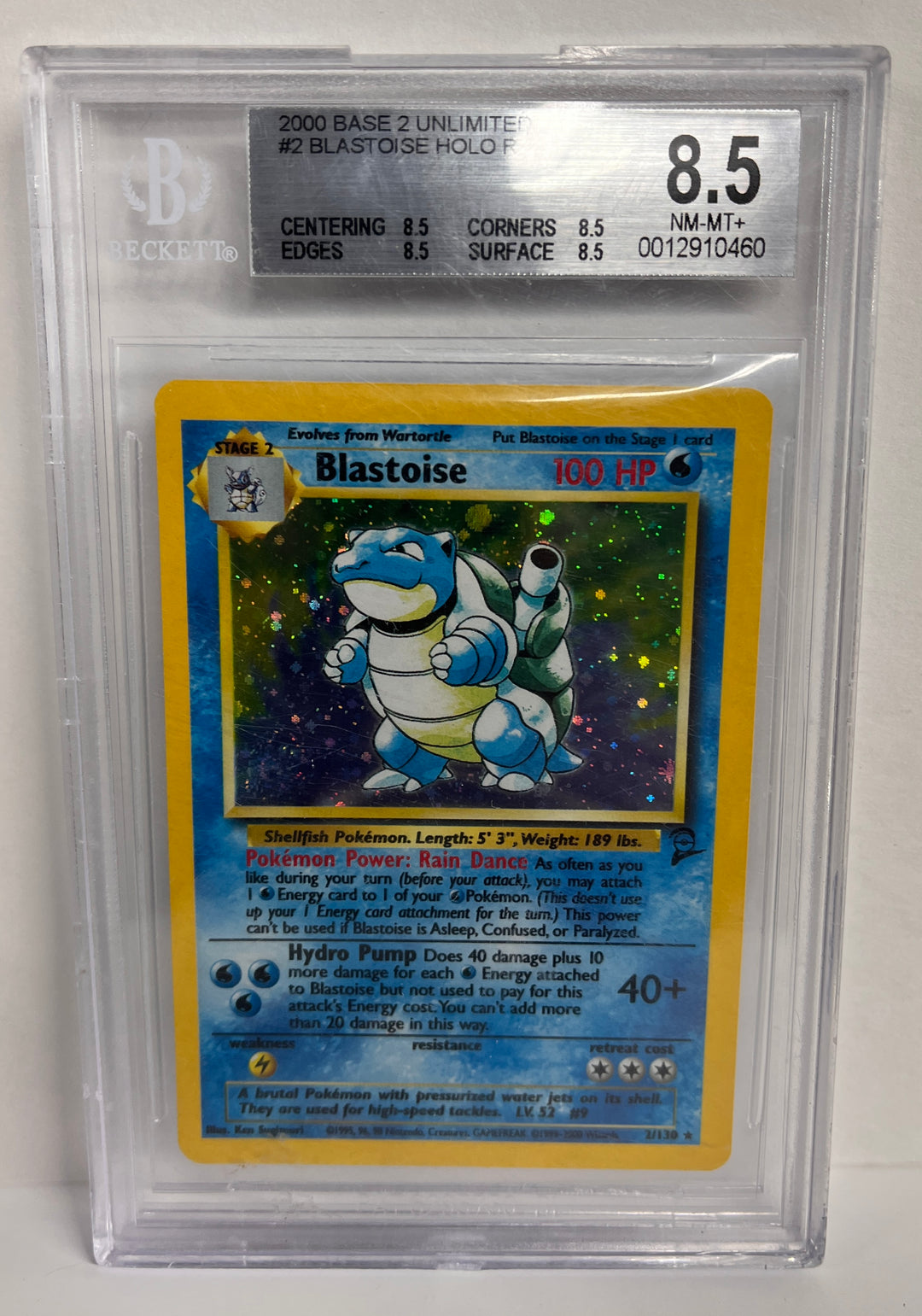 Pokemon 2000 Base 2 Unlimited #2 Blastoise Holo R Beckett 8.5 NM-MT